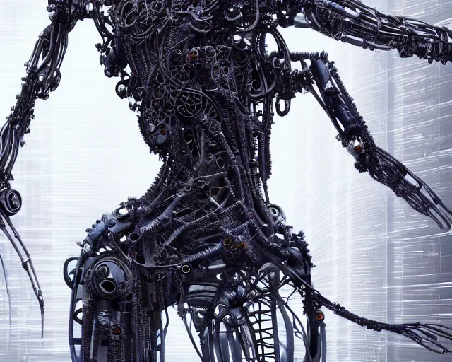 Image similar to photo of a biomechanical torso of a cyborg plugged into a quantum computer with cables and wires. cyberpunk horror style. art by luis royo. highly detailed 8 k. intricate. nikon d 8 5 0 5 5 mm. award winning photography.