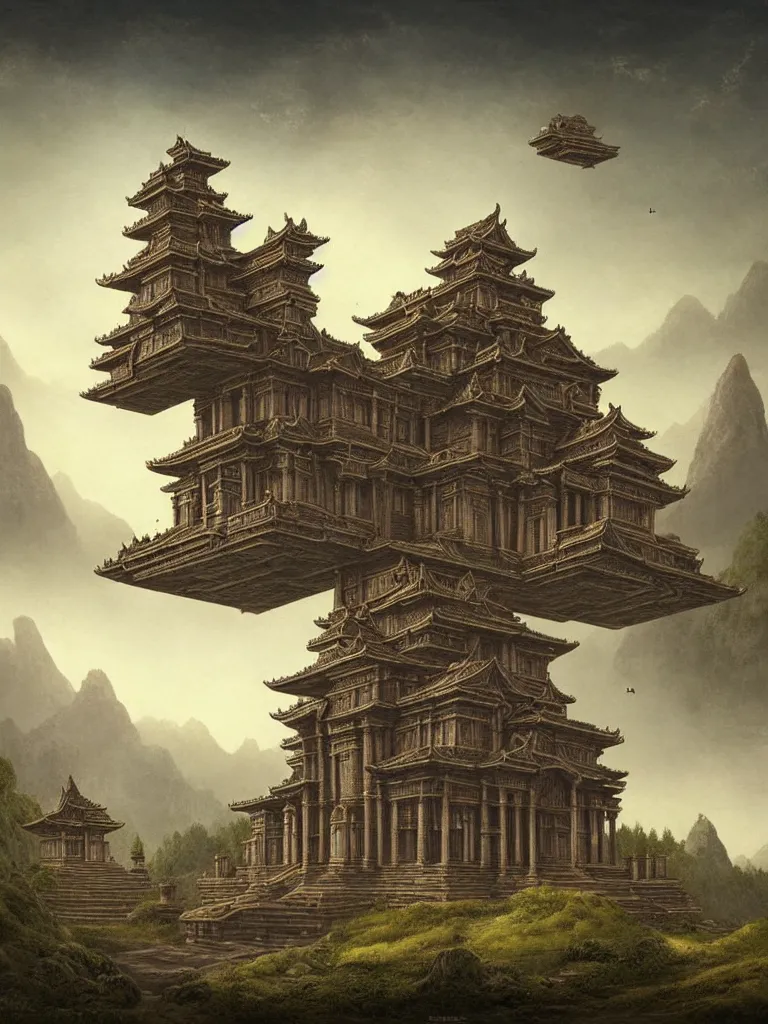 Image similar to mysterious ancient dieties hovering over magical temple, highly detailed by ernst steiner