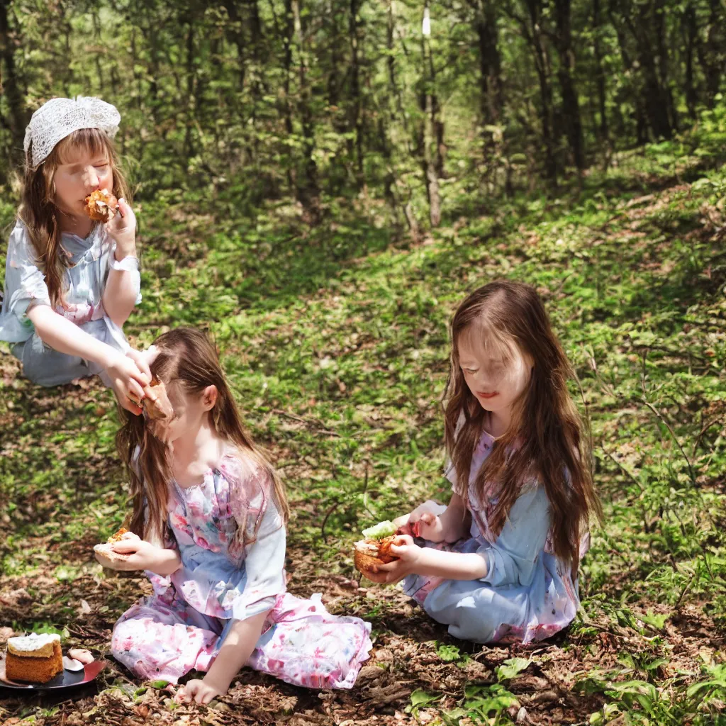 Image similar to a girl sitting in a forest, girl eating a piece of cake, sunny day, windy day