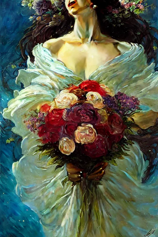 Prompt: portrait of a beautiful mysterious woman holding a bouquet of flowing flowers, hands hidden under the bouquet, lying in a pool of water, fantasy, regal, intricate, by stanley artgerm lau, greg rutkowski, thomas kindkade, alphonse mucha, loish, norman rockwell