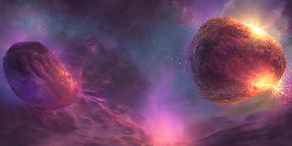 Prompt: Cosmic inflation bubbles peaking through the clouds, ascended master floating in the center emitting rays of consciousness concept art, matte painting, 8k, highly detailed, artstation, light being, high quality,