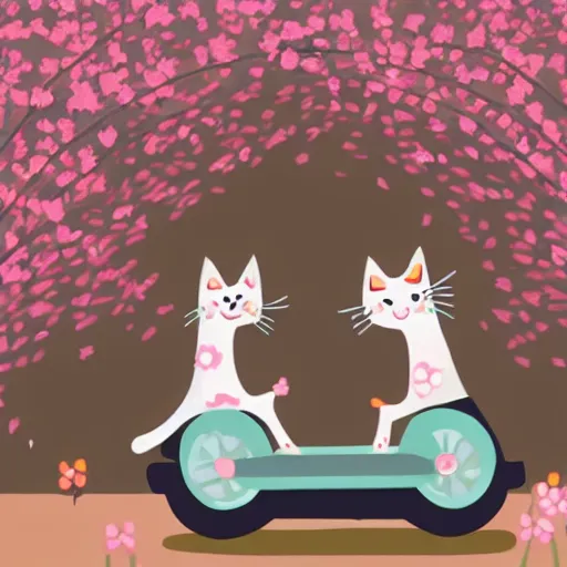 Image similar to a cute artwork of two cats riding scooters through a forest of cheery blossom trees