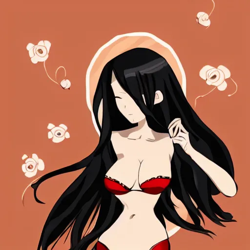 Image similar to black-haired beauty in 2D style , in a bikini , knee-length hair
