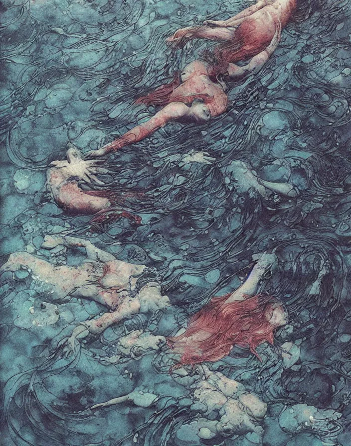 Image similar to a mermaid swimming deep underwater, high detailed beksinski painting, part by adrian ghenie and gerhard richter. art by takato yamamoto. masterpiece, dark and moody, deep colours, blue