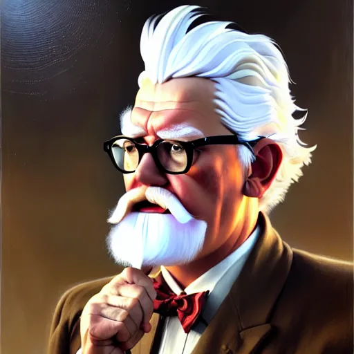 Image similar to epic portrait single colonel sanders explaining, redneck crowd for background, detailed, digital painting, artstation, concept art, donato giancola, joseph christian leyendecker, wlop, boris vallejo, breathtaking, high details, extremely detailed, beautiful, establishing shot, artistic, hyperrealistic, octane render