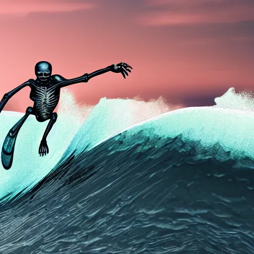 Image similar to photorealistic skeleton surfing over a wave