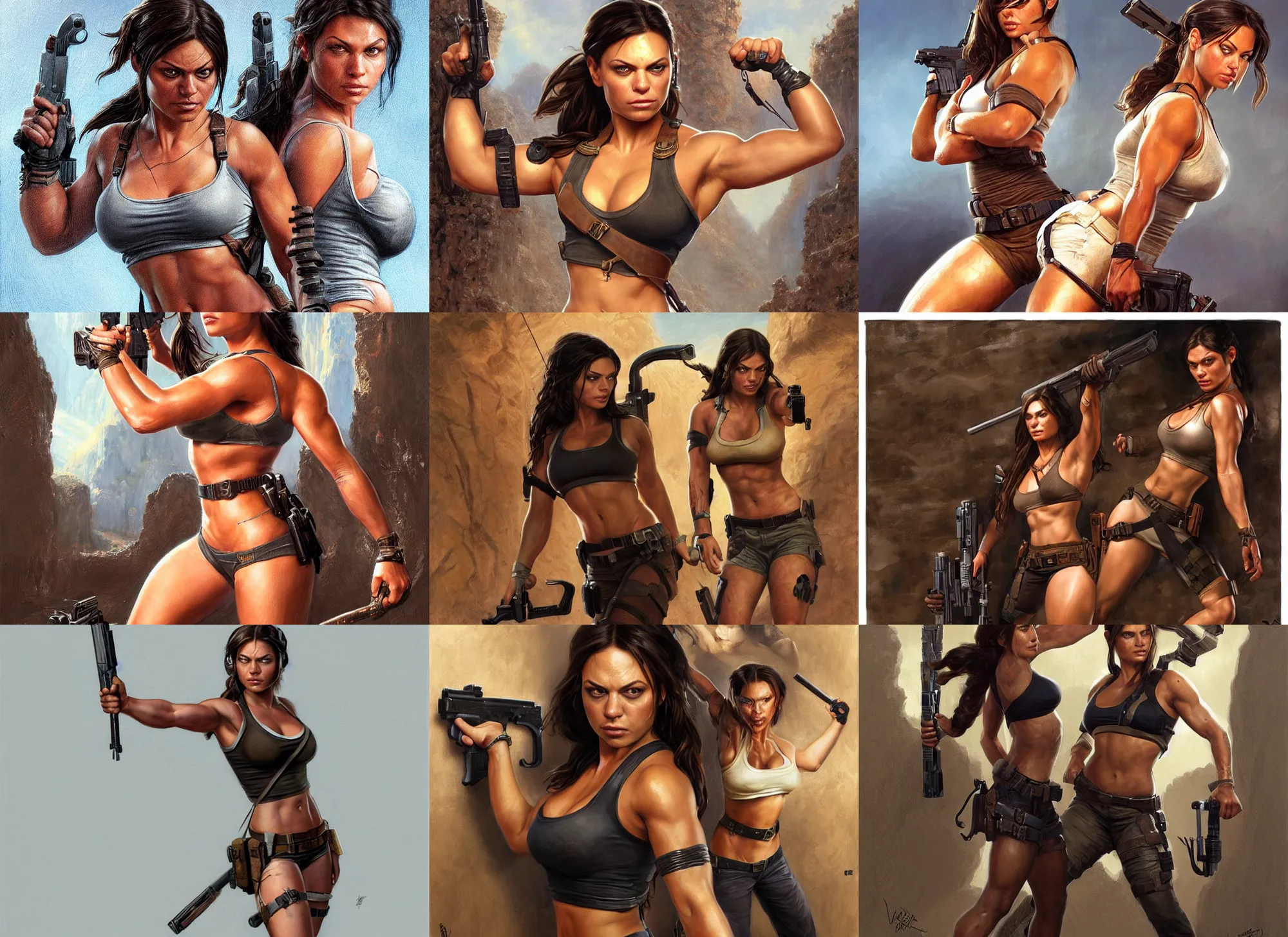 Prompt: portrait of very muscled Mila Kunis as Lara Croft with pistols drawn hiding from a few scary creepy mummies, elegant, highly detailed, centered, digital painting, artstation, concept art, artgerm, donato giancola, Joseph Christian Leyendecker, WLOP, Boris Vallejo, Artgerm