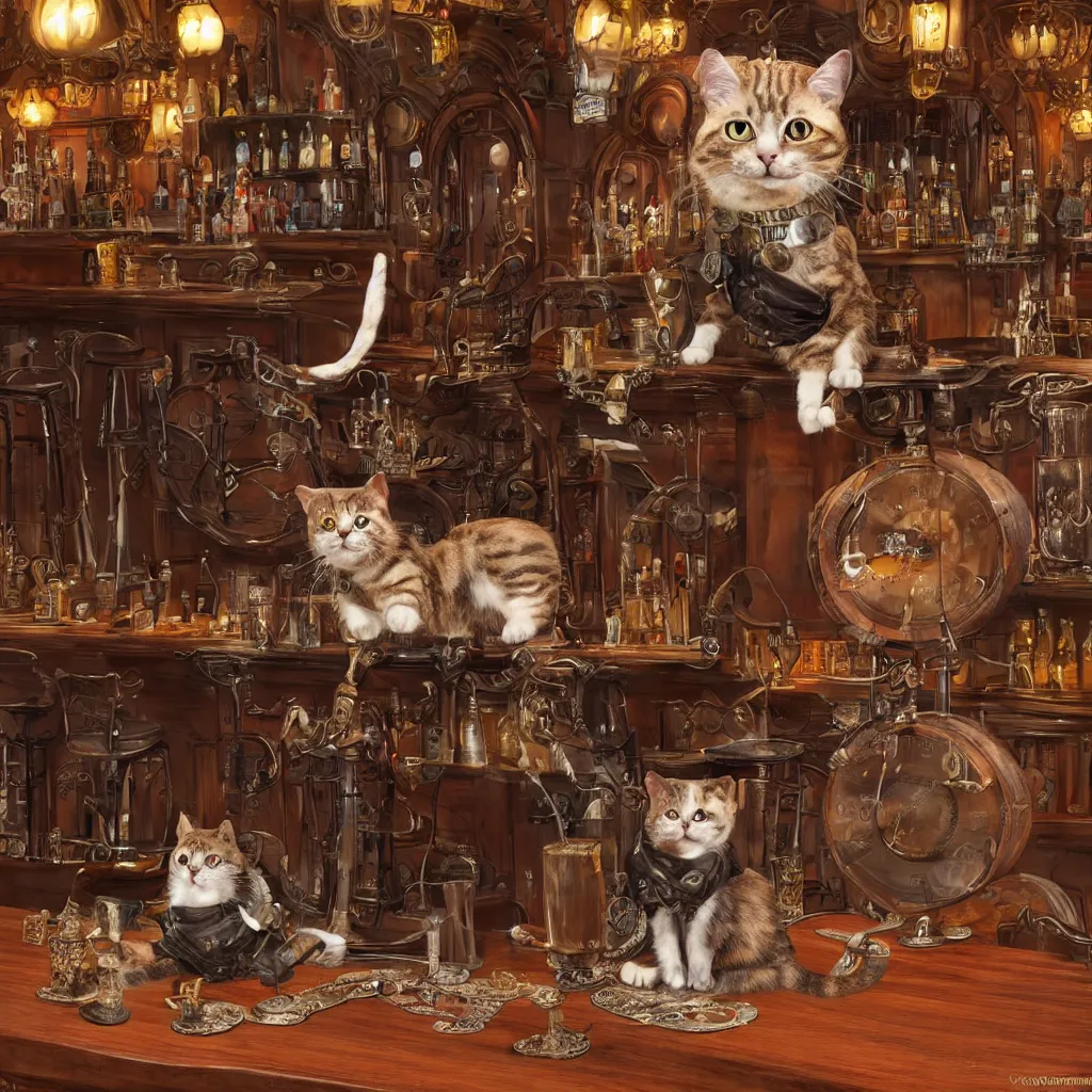 Prompt: photorealistic steampunk cat sitting at a bar