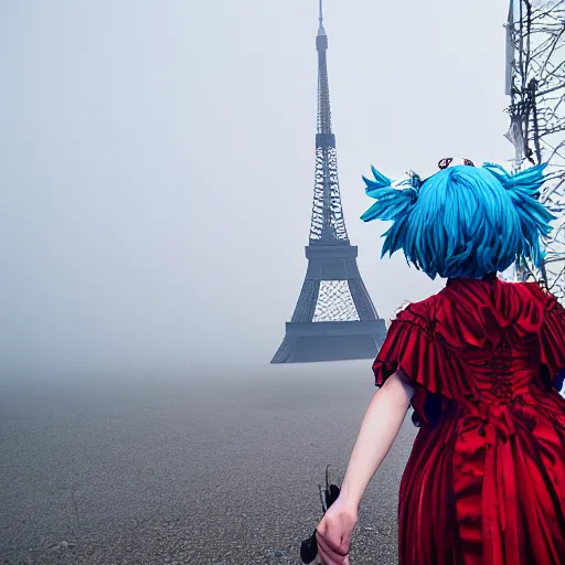 Image similar to touhou project cirno at duga - 1 radar station in fog with eiffel tower