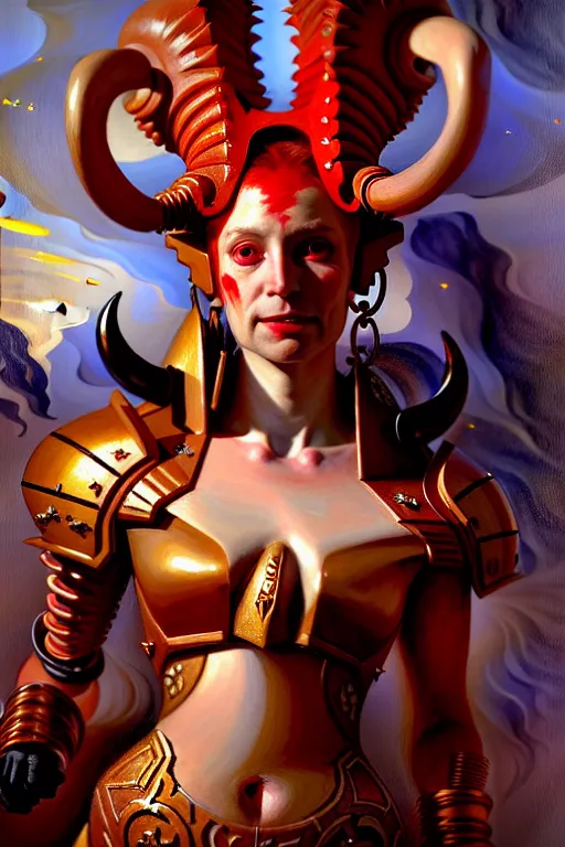 Image similar to painted close - up portrait of a very attractive red - skinned intimidating demon alien - cyborg queen with ram horns! oil painting, wearing a noblewoman's outfit, fantasy art by john singer sargent and gaston bussiere and james jean and greg rutkowski, demon noble character design, hd