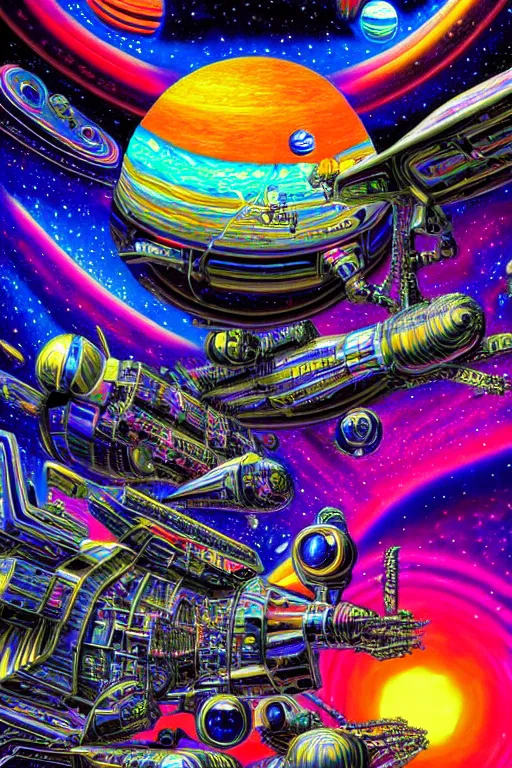 Prompt: maximalist detailed space scene lowbrow scifi artwork by kidsquidy. ray tracing hdr polished sharp in visionary psychedelic fineart style