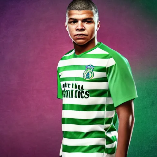 Image similar to kylian mbappe dressed with the betis football team shirt in the benito villamarin, 4 k extremely photorealistic, high contrast colors, hyper detailed!!