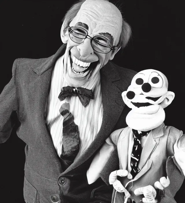 Image similar to hyper realistic old 1 9 8 0 photography of lunatic mad smiling ventriloquist old man with terrific haunted smiling puppet