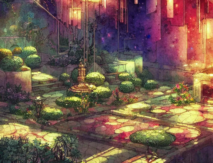 Prompt: persian garden in a space fortress, bokeh. this watercolor painting by the award - winning mangaka has dramatic lighting, an interesting color scheme and intricate details.