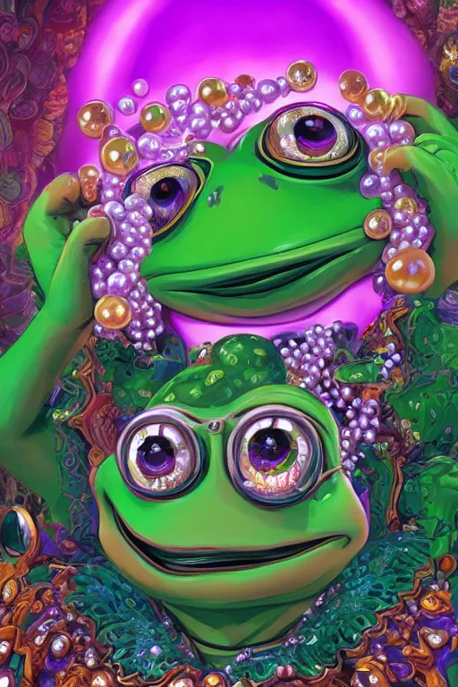 Image similar to maximalist detailed gemstone pepe the frog by adoryanti, machine. delusions, holosomnia, electrixbunny, rendered in discodiffusion. decorated with pearls and gems, behance hd by jesper ejsing, by rhads, makoto shinkai, ilya kuvshinov, rossdraws global illumination ray tracing hdr radiating a glowing aura