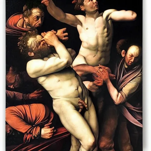 Image similar to the end of man with 2 1 savage apocalypse by caravaggio