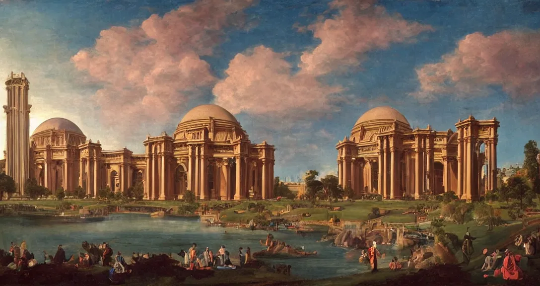 Image similar to the san francisco palace of fine arts during the intergalactic futuristic fair, romantic era painting, majestic