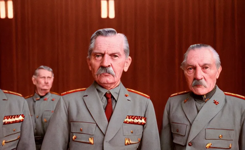 Prompt: 50s movie still close-up portrait of an elder soviet generals in a empty stalinist hall, by David Bailey, Cinestill 800t 50mm eastmancolor, heavy grainy picture, very detailed, high quality, 4k, HD criterion, precise texture and facial expression