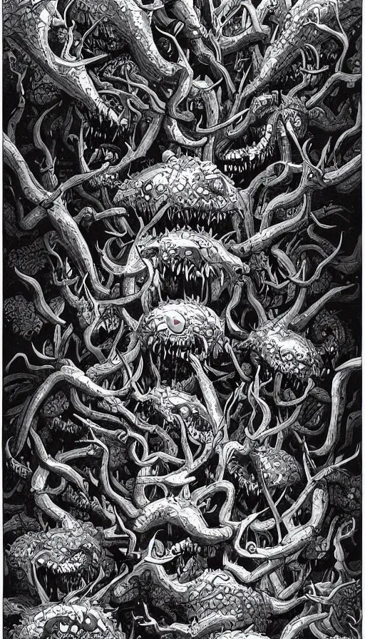 Image similar to a storm vortex made of many demonic eyes and teeth over a forest, by james jean