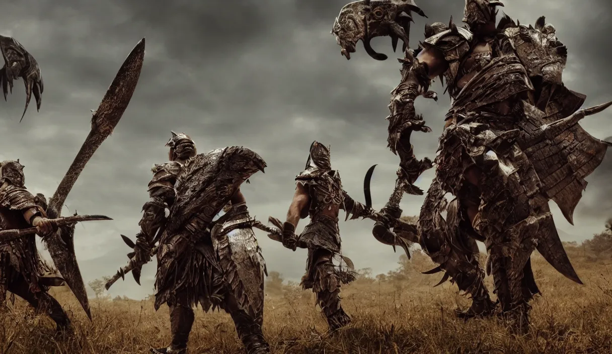 Image similar to long distance photo of two ancient tribesman standing against barbarians, in armor from monster hunter, attacking barbarian horde in the background, back shot, muscular bodies, dramatic lighting, cinematic, establishing shot, extremely high detail, photorealistic, 300 the movie,monster hunter the movie, monster hunter, cinematic lighting, artstation, octane render, western,old photo, vintage