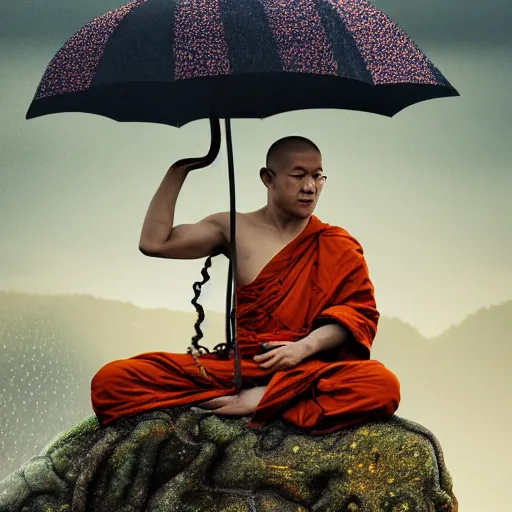 Image similar to buddhist octopus monk overlooking a rainy landscape, golden hour, highly detailed, 8 k, trending on artstation, award - winning art,