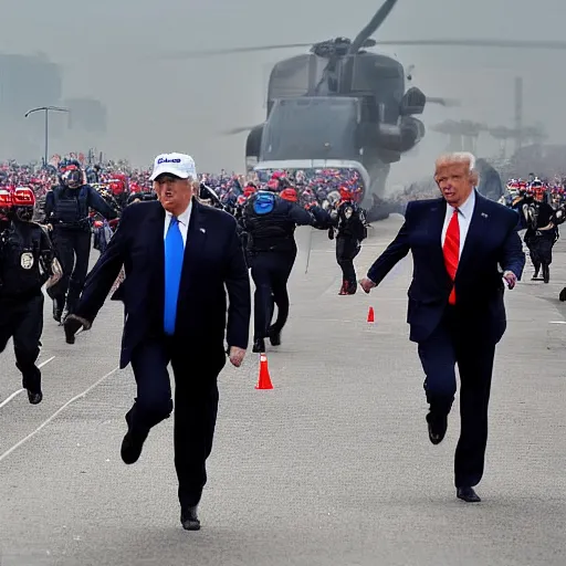 Image similar to donald trump running from policemen that are chasing him behind him, helicopters and explosions in the background