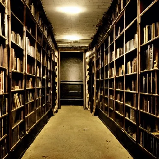 Image similar to a gloomy shadowy midnight crypt room full of darkness with bookshelves. contrast:5, brightness:0