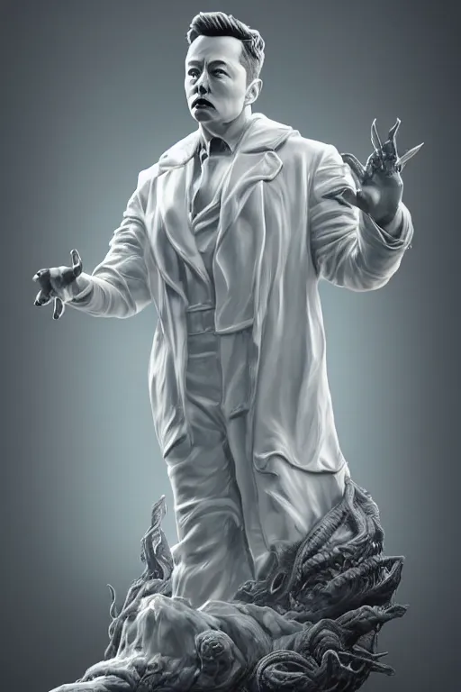 Image similar to digital masterpiece illustration concept art of porcelain statue of elon musk!!!! as cthulhu, extremely detailed and intricate complexity, epic composition, magical atmosphere, cinematic lighting, wide long shot, trending on artstation, 8 k