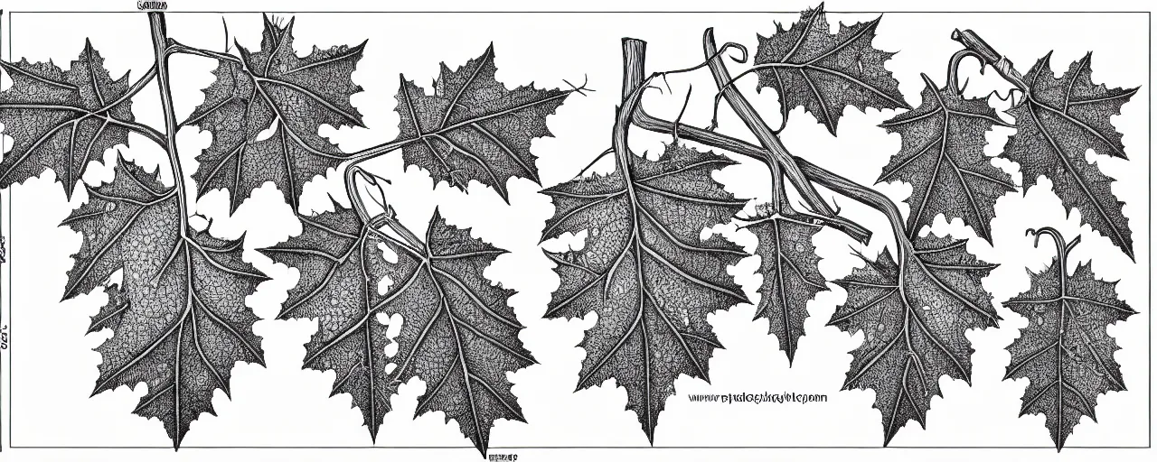 Prompt: a full page schematic diagram illustration of a vine leaves with oak acorns, ultra detailed, 4 k, intricate, encyclopedia illustration, fine inking lines