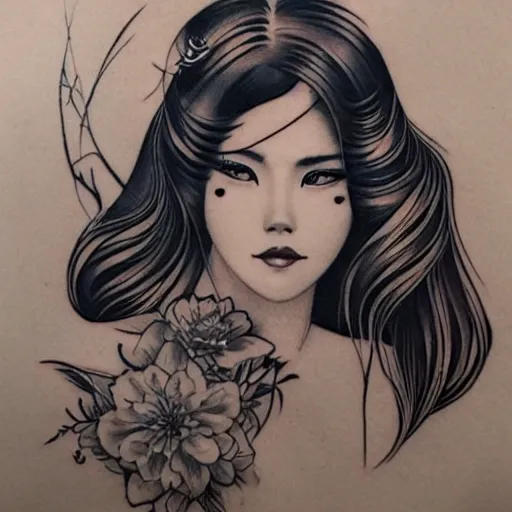 Image similar to tattoo design, stencil, traditional Japanese, beautiful portrait of a girl by artgerm, artgerm