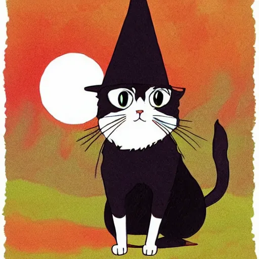 Prompt: very cute illustration of a cat wearing a witch hat, studio ghibli art style, warm fall colors