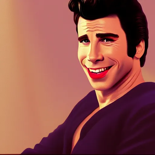 Image similar to a portrait of a beautiful John Travolta from Grease (1978), smiling, Edward Hopper style, clear eyes, illustration, soft lighting, soft details, painting oil on canvas, octane render, HDR, trending on artstation, 4k, 8k, HD
