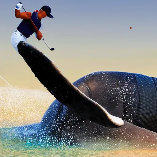 Image similar to highly detailed winning photo of a midget golfer riding a beached whale. the crowd is cheering him as tiger woods looks on in defeat. highly detailed render, photorealistic, photography