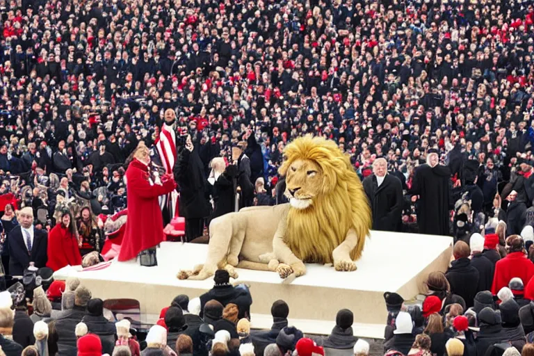 Image similar to photo of the usa presidential inauguration, a lion fursuiter being inaugurated as president