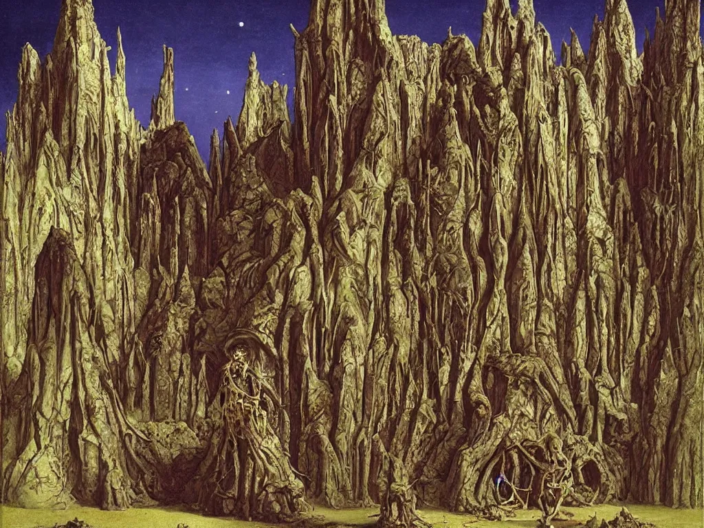 Prompt: Ruined gothic cathedral on Mars. Ivy, carnivorous plants. Cloak covered man on his knees. Painting by Lucas Cranach, Moebius, Roger Dean