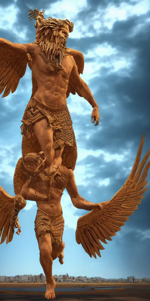 Image similar to enki sumerian god with wings, unreal 5, hyperrealistic, realistic, photorealistic, dynamic lighting, highly detailed, cinematic landscape, studio landscape, studio lighting