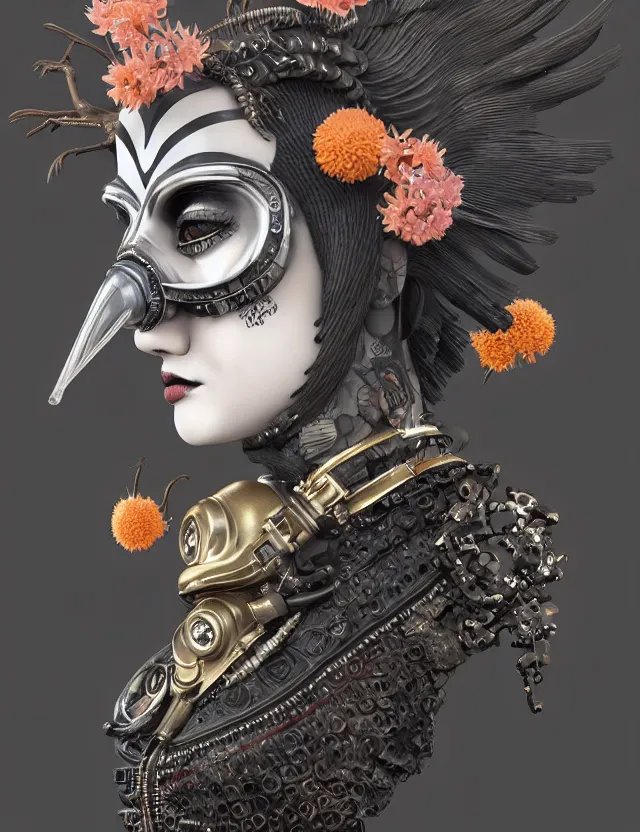 Image similar to 3 d goddess close - up profile punk portrait with vintage gas mask ram skull. beautiful intricately detailed japanese crow kitsune mask and clasical japanese kimono. betta fish, jellyfish phoenix, bio luminescent, plasma, ice, water, wind, creature, artwork by tooth wu and wlop and beeple and greg rutkowski