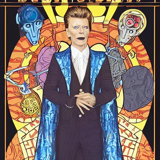 Image similar to david bowie as dr who, mucha style,