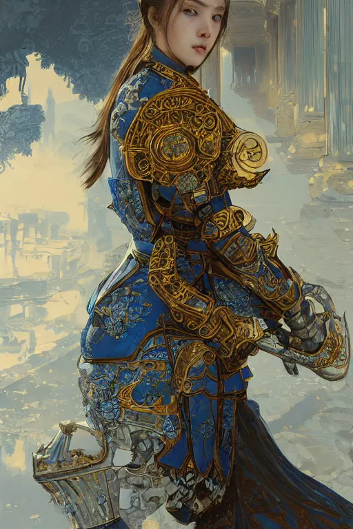 Image similar to portrait knights of Zodiac girl, Chinese Blue and white porcelain color reflected armor, in ruined Agora of Athens, ssci-fi, fantasy, intricate, very very beautiful, elegant, golden light, highly detailed, digital painting, artstation, concept art, smooth, sharp focus, illustration, art by tian zi and WLOP and alphonse mucha