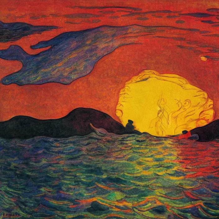 Image similar to lovers in the turbulent river. red sun setting through the storm clouds. iridescent, vivid psychedelic colors. painting by munch, agnes pelton, egon schiele, henri de toulouse - lautrec, utamaro, monet