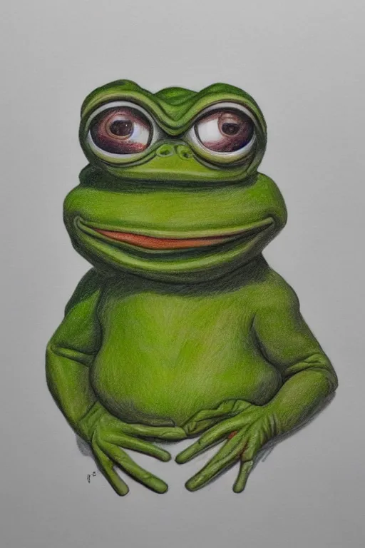 Image similar to portrait drawing of pepe the frog, ultra detailed highly realistic, trending on artstation, rule of thirds, extreme high detail, soft lighting, rim light, volumetric lighting and effects,