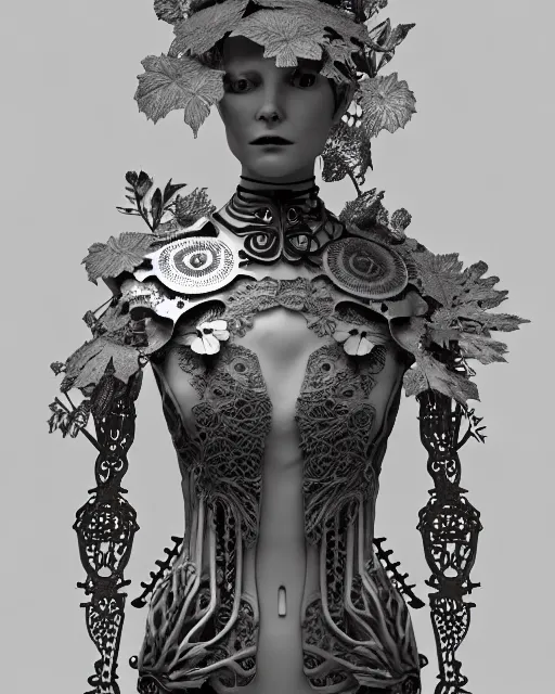 Image similar to monochrome 3 d model, 1 8 7 0 picture, silver lace floral steampunk biomechanical beautiful young female cyborg with porcelain profile face and a techno eye, volumetric light, leaves foliage and stems, hibiscus flowers, sinuous fine roots, fine foliage lace, alexander mcqueen, rim light, big gothic fashion pearl embroidered collar, octane render, 8 k