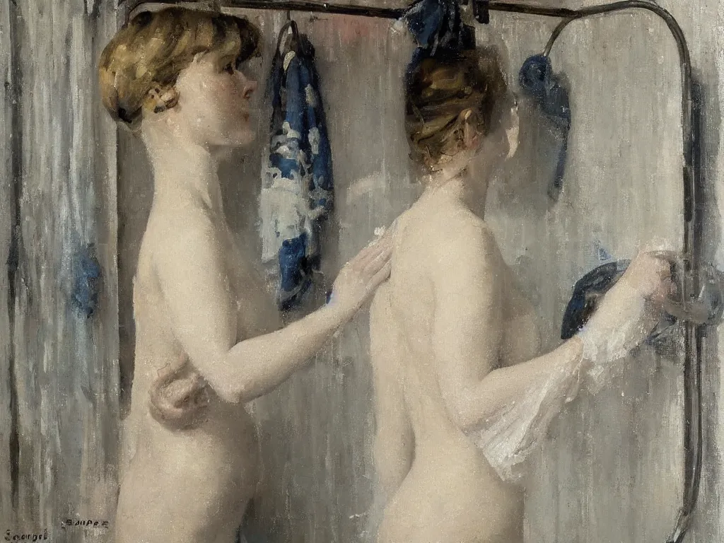 Image similar to portrait of a lady in the shower, painting by stanhope forbes, oil on canvas