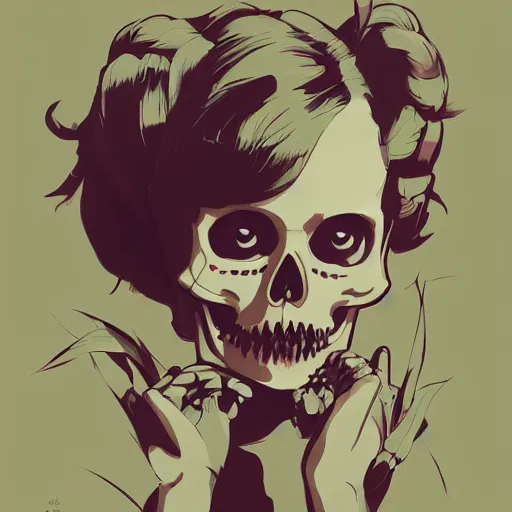 Prompt: a portrait of a girl skull face, in the style of jeff koons, banksy, atey ghailan and mike mignola, vibrant colors and hard shadows and strong rim light, plain background, comic cover art, trending on artstation