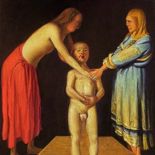 Prompt: a child being baptised, oil painting