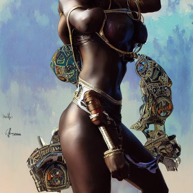 Image similar to african domme mistress, dominatrix full body, dominatrix, tribal, smooth white tight clothes suit, ornate, very beautiful, concept art, realistic painting, androgynous, afrofuturism, cgsociety, digital art by greg rutkowski, by alphonse mucha