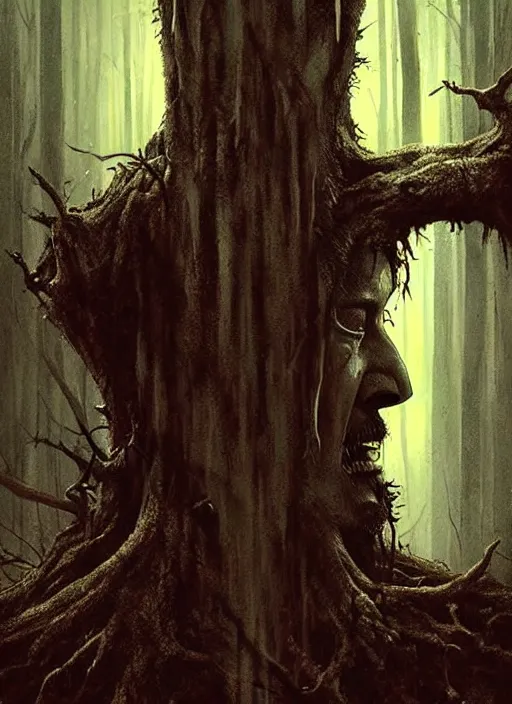 Image similar to highly detailed horror movie poster with angry creepy keanu reeves as a tree, keanu reeves faces in the bark of many trees sentient leafy catastrophe by greg rutkowski, masterpiece, really funny, 1 0 / 1 0 creepy