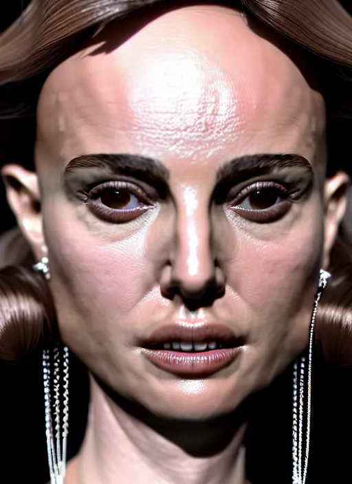 Prompt: a melting wax model of an absurdly beautiful, graceful, sophisticated, fashionable woman, natalie portman, in the style of irakli nadar and alexandre ferra, white porcelain skin, faberge, intricate chrome chains, dark atmosphere, unreal engine 5 highly rendered, global illumination, radiant light, detailed and intricate environment