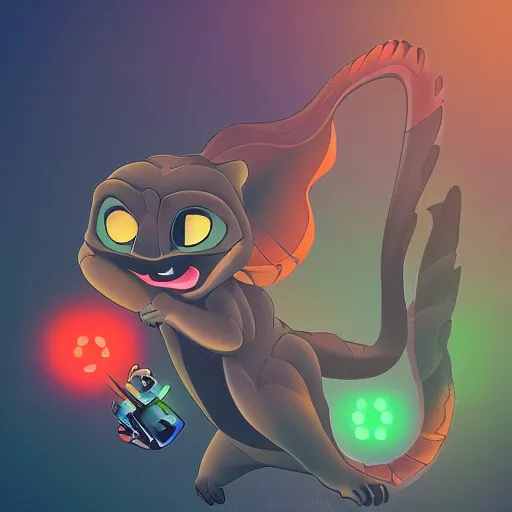 Image similar to “ komodo dragon in the style of zootopia holding laser gun, floating alone, with a black background, digital art, award winning, trending on art station, retro style ”