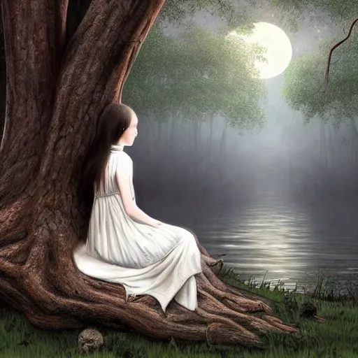 Prompt: highly realistic scenic painting of a towering misty dark fantasy forest surrounding a pond, a girl in a white dress sits on the roots of an ancient tree looking up at the moon, spooky fog, fantasy painting hd